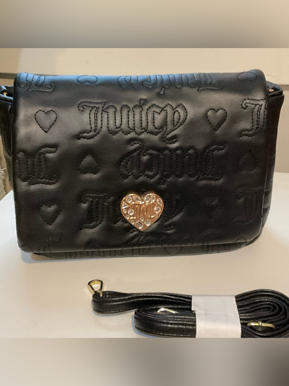 NWOT Juicy Couture Flawless Flap Crossbody Bag, Licorice Black, faux leather.